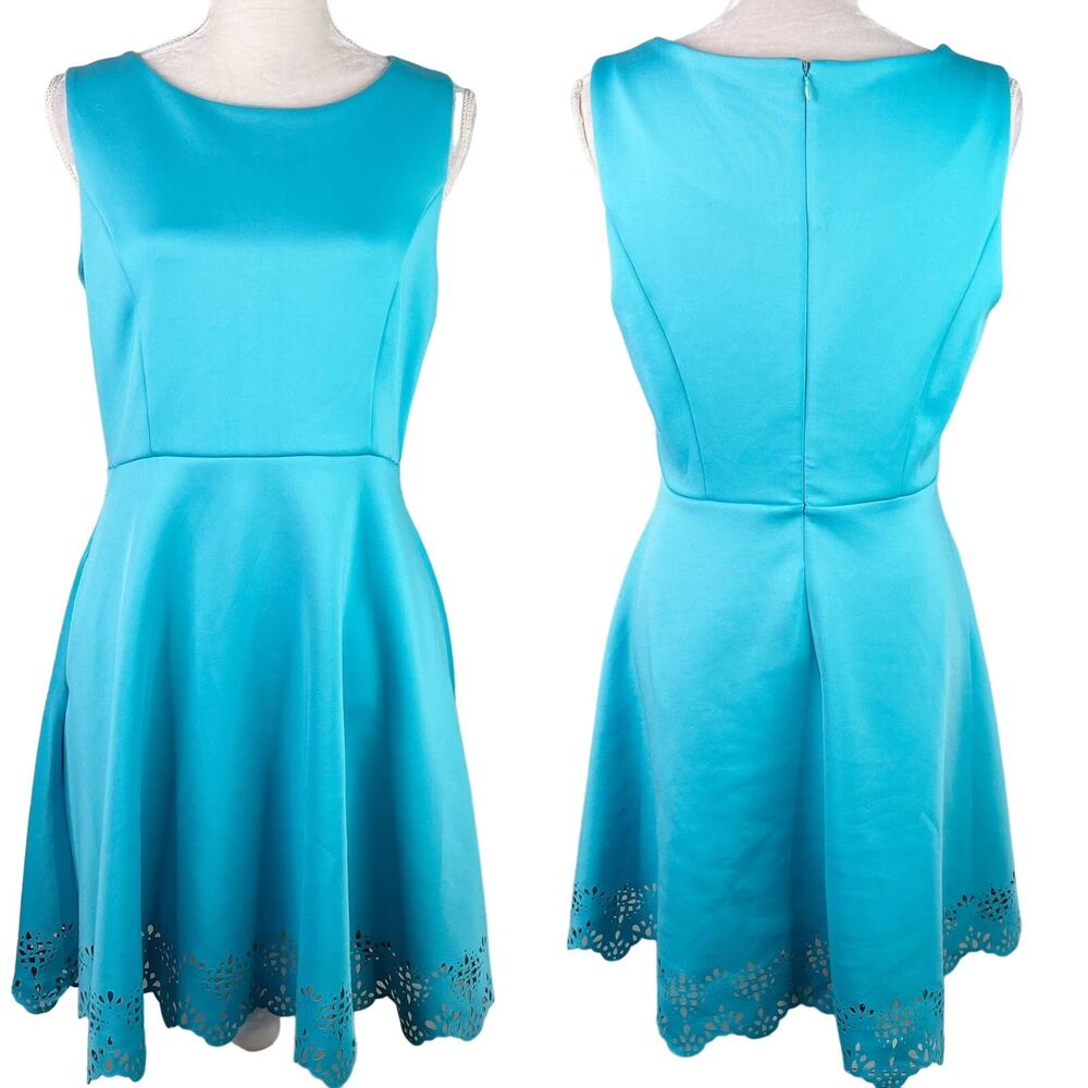 Cynthia Rowley Dress 10 Turquoise Pockets Sleeveless Stretch Cutouts A-Line